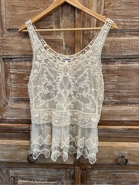 Express Boho Chic Sheer Floral Lace Tiered Peplum Tank Crochet Ivory Cottage